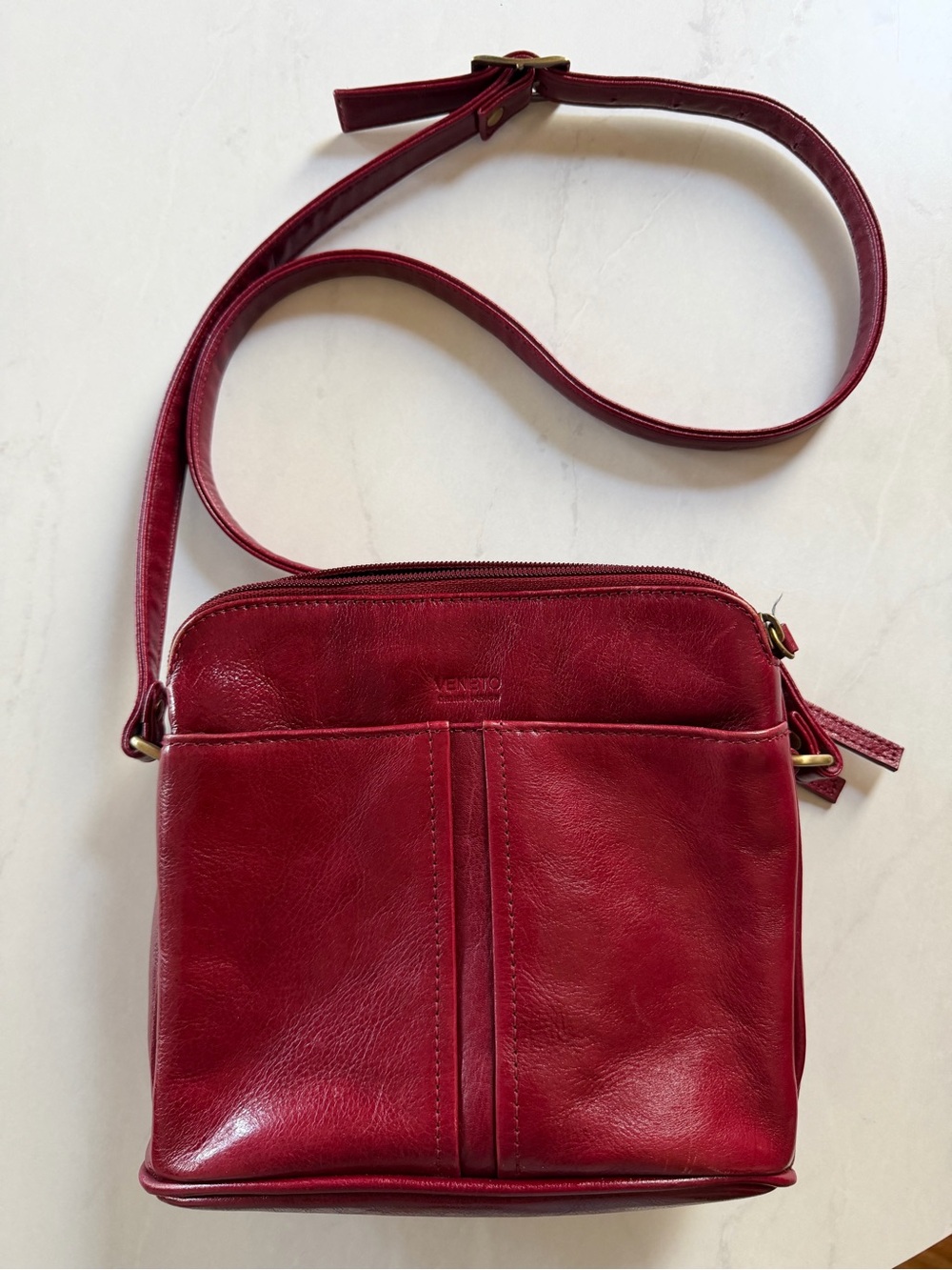 Vintage Veneto Italian Genuine Leather Crossbody Bag Red Multi Pocket Organizer